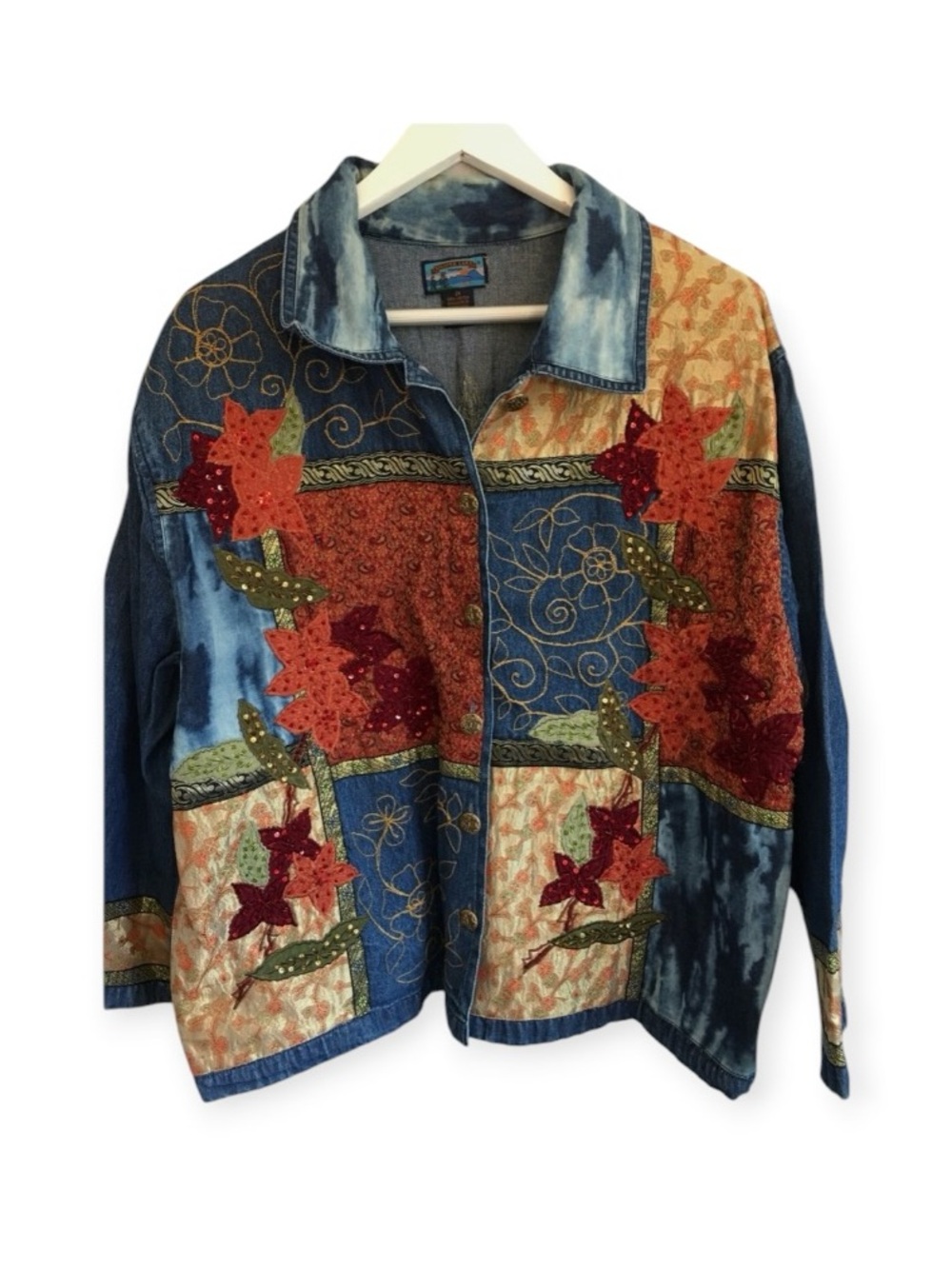 Tantrums Boho Patchwork Denim Jacket Shacket with Autumn Star Appliqués Size M - Picture 2 of 9